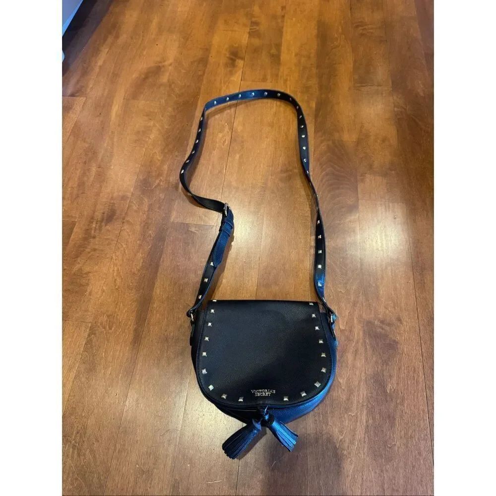 Victoria’s Secret Black Studded Crossbody Bag Tassel Faux Leather Adjustable Str
